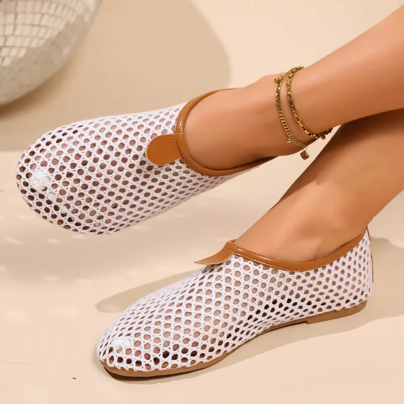 Women's Fashion Flat Shoes Spring New Round Head Deep Mouth Mesh Cloth Breathable Soft Sole Non-slip Single Shoes