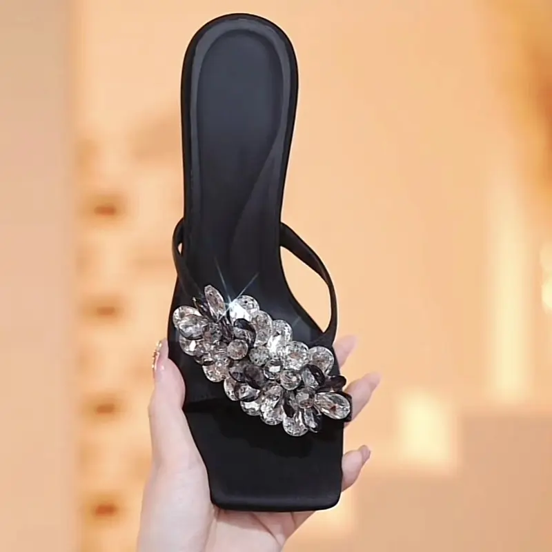 Sequin Flower High Heels Women's Summer New Square Toe Open Toe Non-slip Temperament Outward Wear Flip Slippers