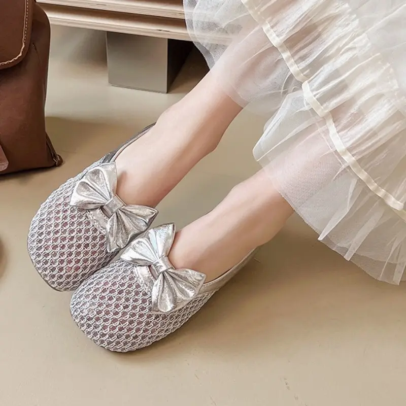 Baotou Slippers Women's Round Head Mesh Breathable Bow Outer Wear Soft Bottom Light Anti-slip Beach Semi-drag