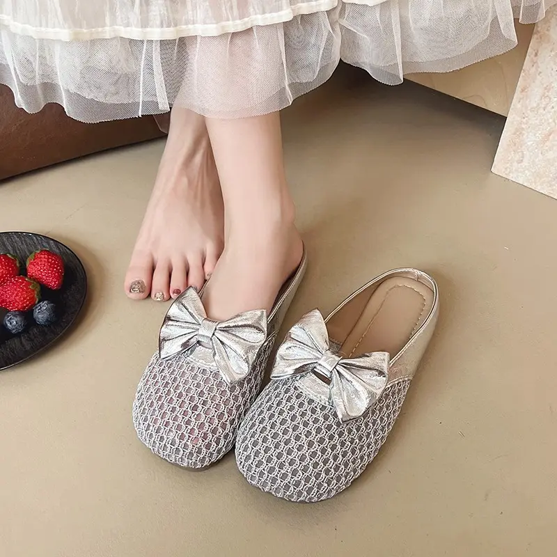 Baotou Slippers Women's Round Head Mesh Breathable Bow Outer Wear Soft Bottom Light Anti-slip Beach Semi-drag