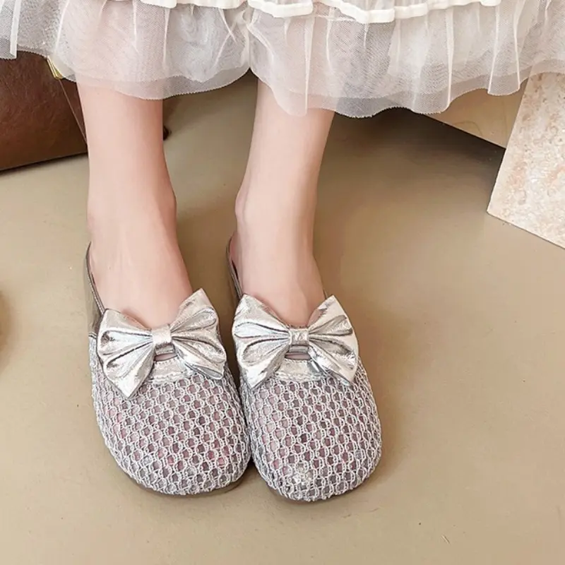 Baotou Slippers Women's Round Head Mesh Breathable Bow Outer Wear Soft Bottom Light Anti-slip Beach Semi-drag