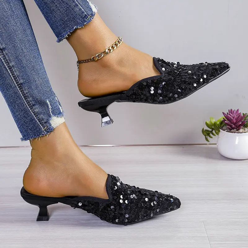 Glitter Cloth Fine Heel Top Slippers Summer New Pointy Buckle Cover Foot Anti-slip and Wear-resistant Heel Shoes