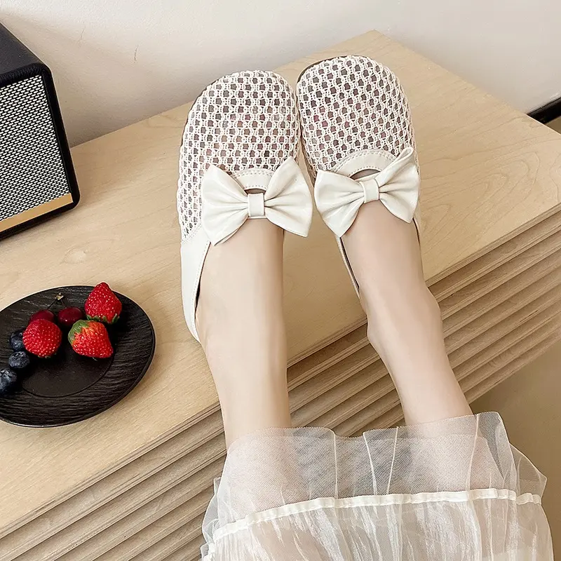 Baotou Slippers Women's Round Head Mesh Breathable Bow Outer Wear Soft Bottom Light Anti-slip Beach Semi-drag