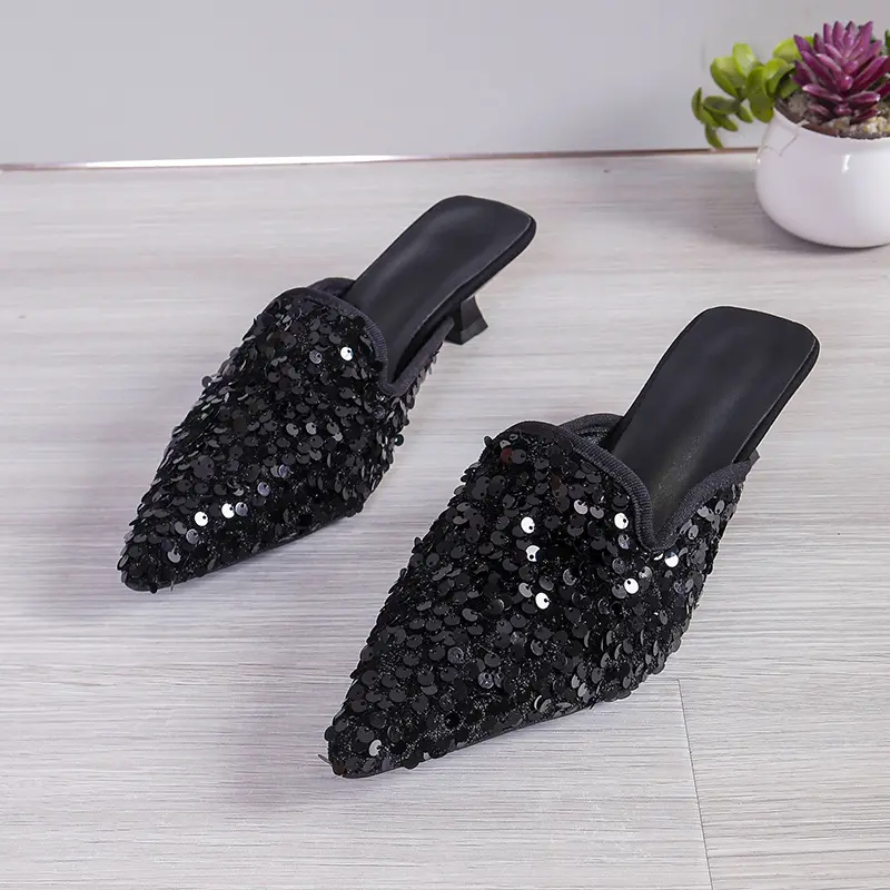 Glitter Cloth Fine Heel Top Slippers Summer New Pointy Buckle Cover Foot Anti-slip and Wear-resistant Heel Shoes