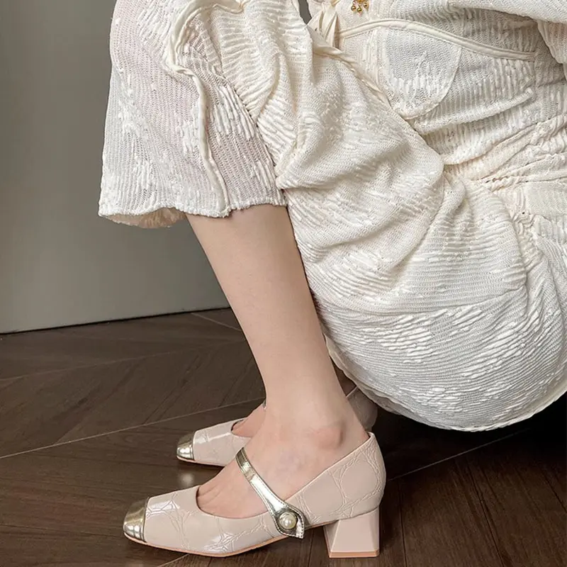 Women's Fashion Thick Heel Shoes Fall New Square Head Shallow Mouth Splicing Anti-slip Wear-resistant High Heels