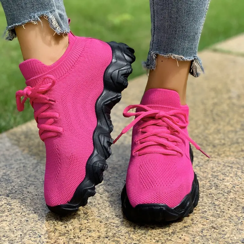 Spring and Autumn Casual Soft Sole Sneakers Round Toe Knitted Mesh Breathable Front Lace-up Sock Shoes for Lazy Women