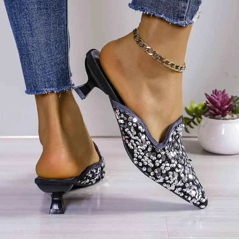 Glitter Cloth Fine Heel Top Slippers Summer New Pointy Buckle Cover Foot Anti-slip and Wear-resistant Heel Shoes