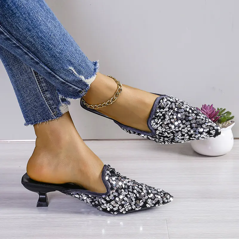 Glitter Cloth Fine Heel Top Slippers Summer New Pointy Buckle Cover Foot Anti-slip and Wear-resistant Heel Shoes