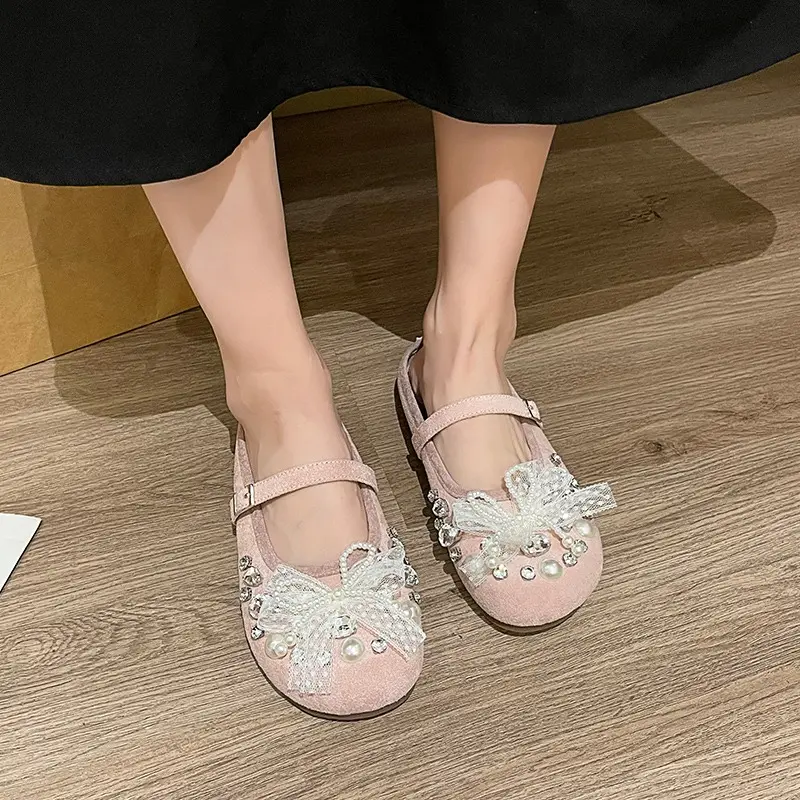 Women's Round Head Shallow Mouth Crystal Pearl Butterfly Knot Cow Suede Metal Buckle Soft Soled Non-slip Shoes