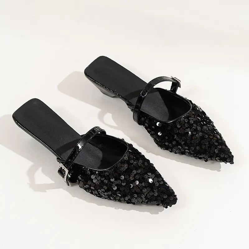 Fashion Pointed Sequin Cloth Mesh Breathable Metal Buckle with Non-slip Low Heel Sandals Spring New Bao Toe Slippers