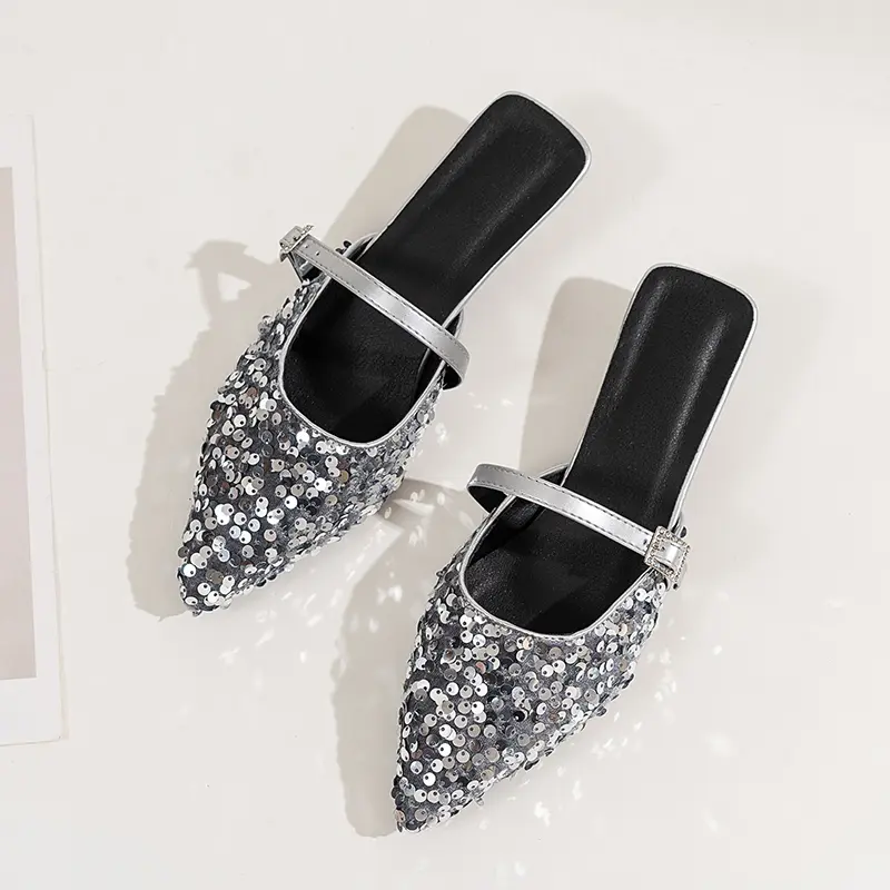 Fashion Pointed Sequin Cloth Mesh Breathable Metal Buckle with Non-slip Low Heel Sandals Spring New Bao Toe Slippers