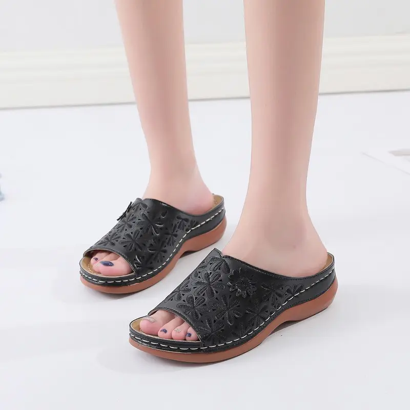 Women's Fashion Wedge Slippers Summer New Round Head Open Toe Print Soft Sole Anti-slip Wear-resistant Sandal Shoes