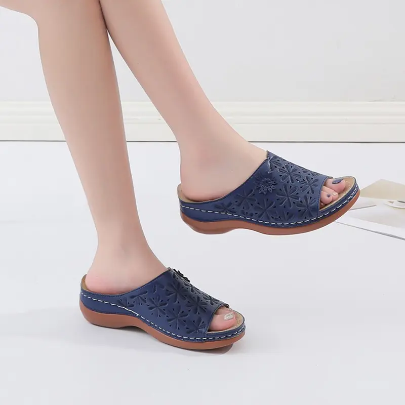 Women's Fashion Wedge Slippers Summer New Round Head Open Toe Print Soft Sole Anti-slip Wear-resistant Sandal Shoes