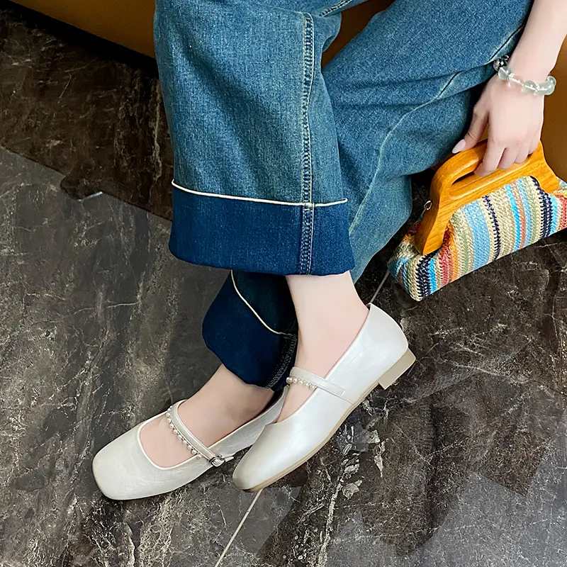 Square Toe Shallow Mouth Soft Sole Soft Side Single Shoes Summer New Beaded One Strap Anti-slip Wear-resistant Flats