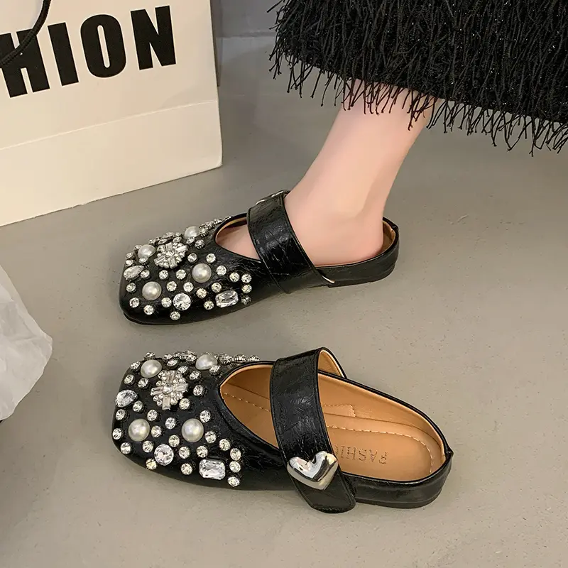 Women's Baotou Slippers Spring New Square Head Shallow Mouth Metal Word with Soft Sole Anti-slip Wear-resistant Flat Shoes