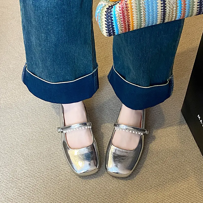 Square Toe Shallow Mouth Soft Sole Soft Side Single Shoes Summer New Beaded One Strap Anti-slip Wear-resistant Flats