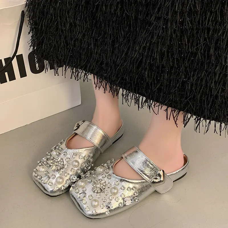 Women's Baotou Slippers Spring New Square Head Shallow Mouth Metal Word with Soft Sole Anti-slip Wear-resistant Flat Shoes