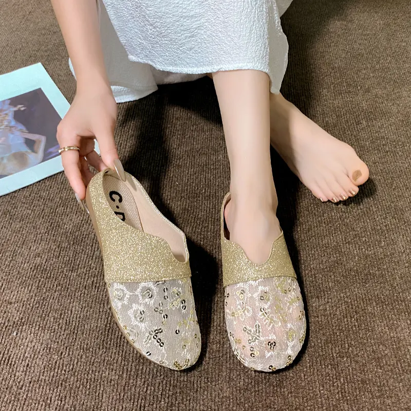 Spring New Baotou Slippers Women's Fashion Round Head Deep Mouth Splicing Sequin Cloth Soft Soled Non-slip Flat Shoes