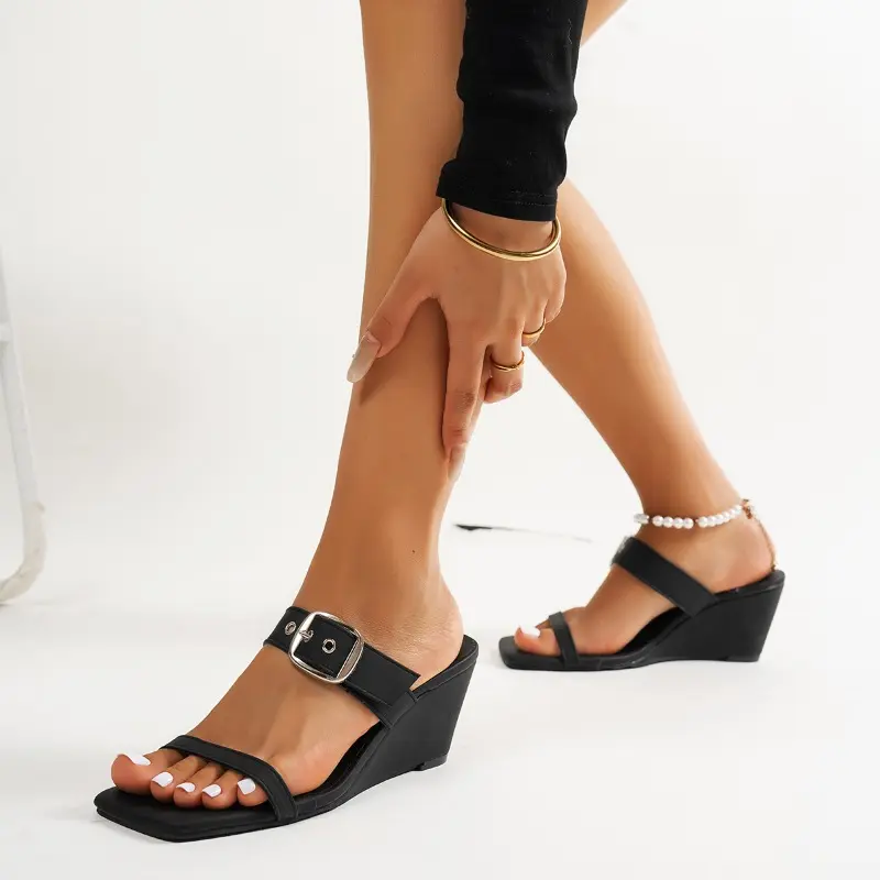 Plus Size Sandals Women's Summer New French Fashion Square Toe Rivet One Strap Wear Wedge Sandals and Slippers