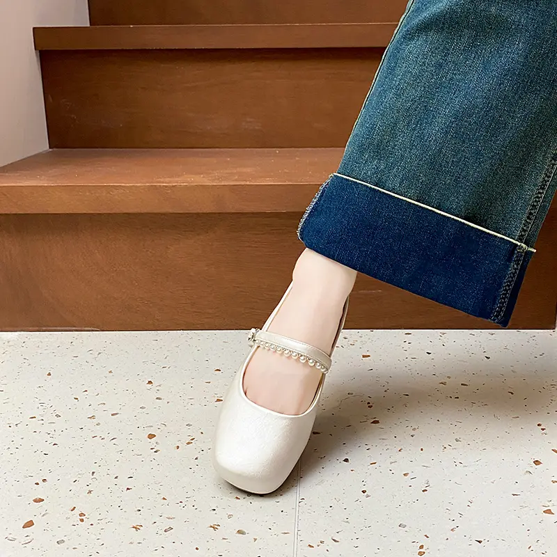 Square Toe Shallow Mouth Soft Sole Soft Side Single Shoes Summer New Beaded One Strap Anti-slip Wear-resistant Flats