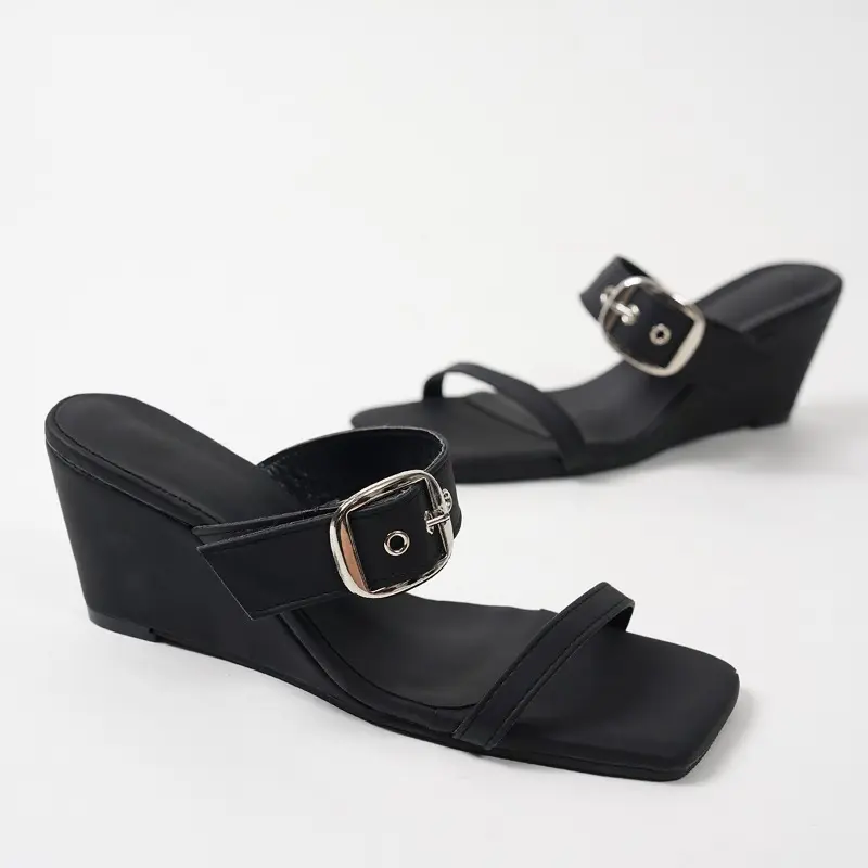 Plus Size Sandals Women's Summer New French Fashion Square Toe Rivet One Strap Wear Wedge Sandals and Slippers