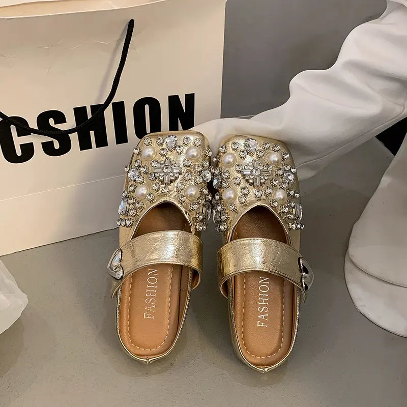 Women's Baotou Slippers Spring New Square Head Shallow Mouth Metal Word with Soft Sole Anti-slip Wear-resistant Flat Shoes