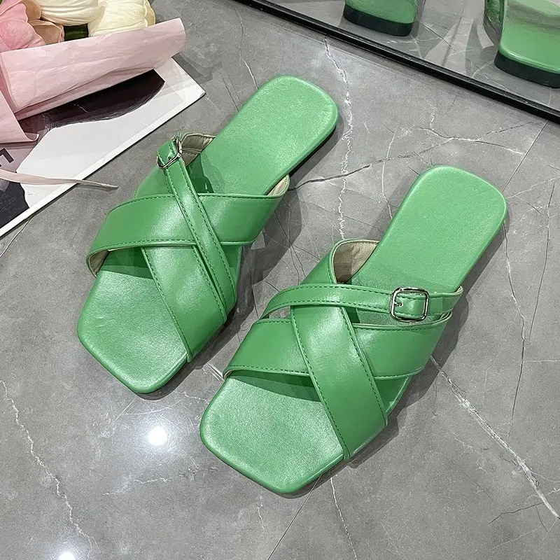 Rome Sandals and Slippers Summer New Outward Wear Square Toe Open Toe Metal Buckle Soft Sole Non-slip Slip-on Beach Sandals