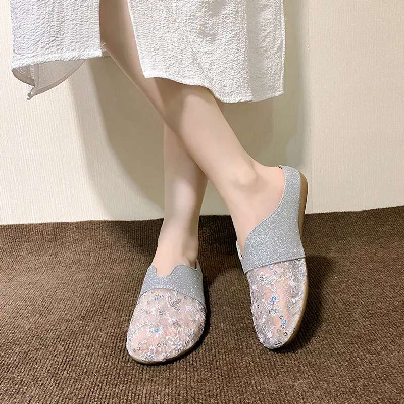 Spring New Baotou Slippers Women's Fashion Round Head Deep Mouth Splicing Sequin Cloth Soft Soled Non-slip Flat Shoes