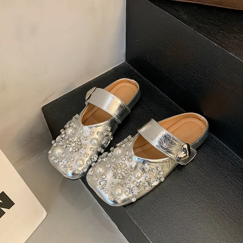 Women's Baotou Slippers Spring New Square Head Shallow Mouth Metal Word with Soft Sole Anti-slip Wear-resistant Flat Shoes