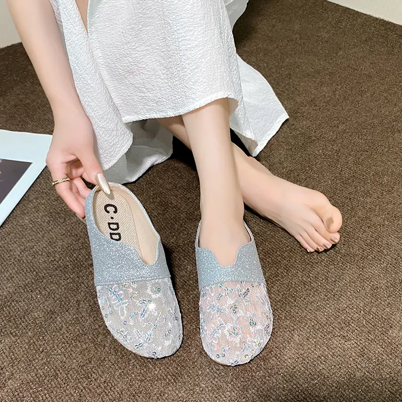 Spring New Baotou Slippers Women's Fashion Round Head Deep Mouth Splicing Sequin Cloth Soft Soled Non-slip Flat Shoes