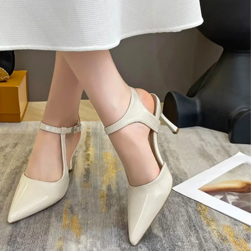 Women's Fashion Pointed Shallow Mouth Metal Line with Anti-slip Wear-resistant High-heeled Stiletto Overhead Sandals