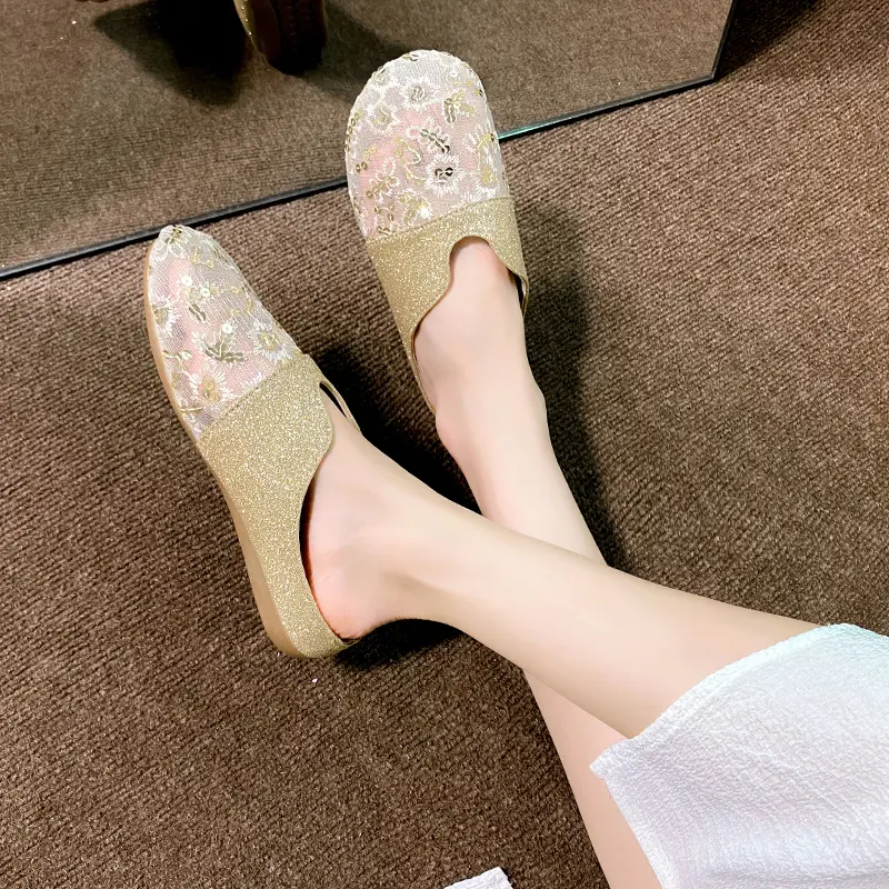 Spring New Baotou Slippers Women's Fashion Round Head Deep Mouth Splicing Sequin Cloth Soft Soled Non-slip Flat Shoes