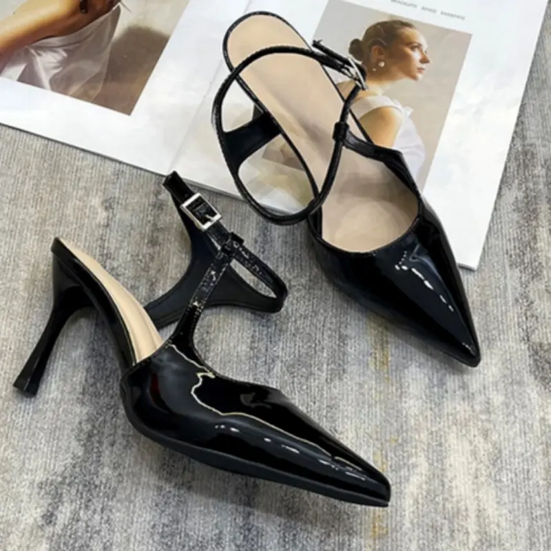 Women's Fashion Pointed Shallow Mouth Metal Line with Anti-slip Wear-resistant High-heeled Stiletto Overhead Sandals
