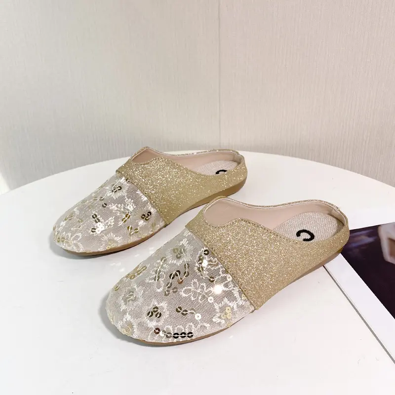 Spring New Baotou Slippers Women's Fashion Round Head Deep Mouth Splicing Sequin Cloth Soft Soled Non-slip Flat Shoes