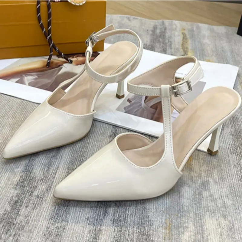 Women's Fashion Pointed Shallow Mouth Metal Line with Anti-slip Wear-resistant High-heeled Stiletto Overhead Sandals