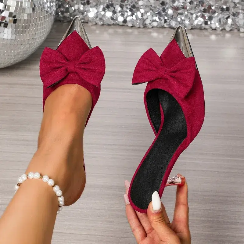Plus Size Pointed Toe High Heels Women Summer New Fashion Stiletto Heel Bow Cloth Outside Wear Sandals and Slippers