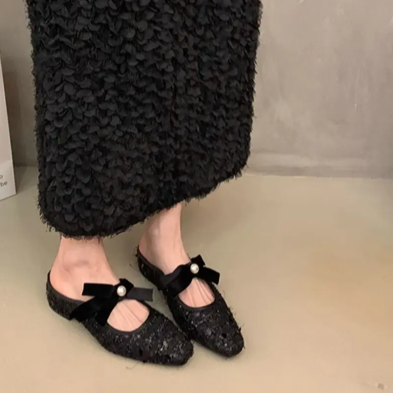 Fashion Baotou Slippers Spring New Square Head Shallow Mouth Glitter Cloth Butterfly Knot Soft Sole Non-slip Low Heel Shoes