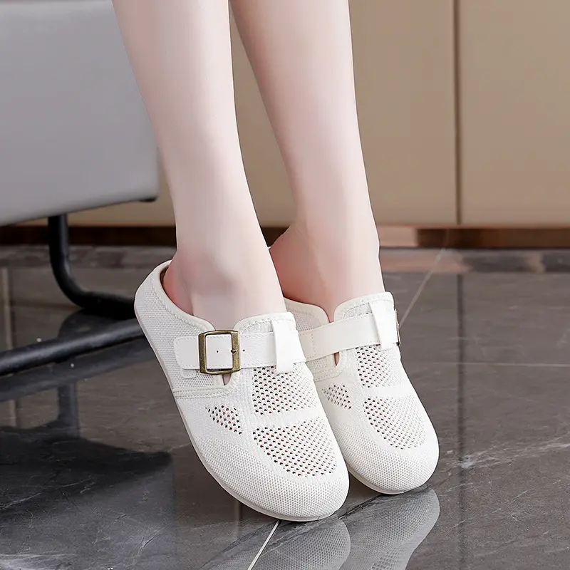 Round Head Flat Sandals Summer New Bao Head Deep Mouth Mesh Cloth Breathable Metal Buckle Soft Sole Non-slip Slippers