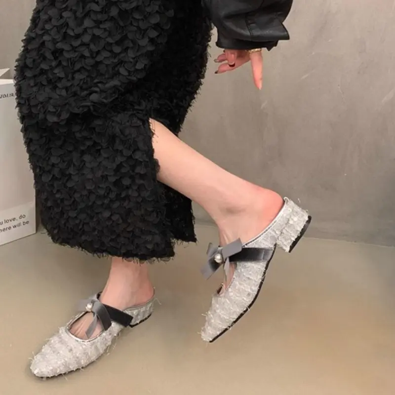 Fashion Baotou Slippers Spring New Square Head Shallow Mouth Glitter Cloth Butterfly Knot Soft Sole Non-slip Low Heel Shoes