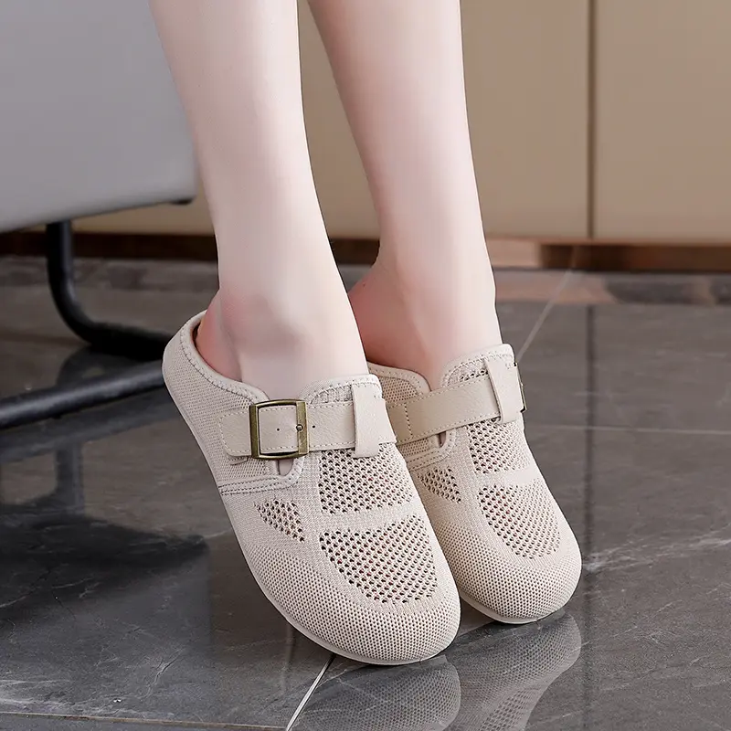 Round Head Flat Sandals Summer New Bao Head Deep Mouth Mesh Cloth Breathable Metal Buckle Soft Sole Non-slip Slippers