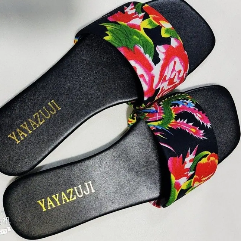 Summer New Flat Sandals Women's Fashion Square Head Open Toe Print Soft Sole Non-slip Wear-resistant Comfortable Slippers