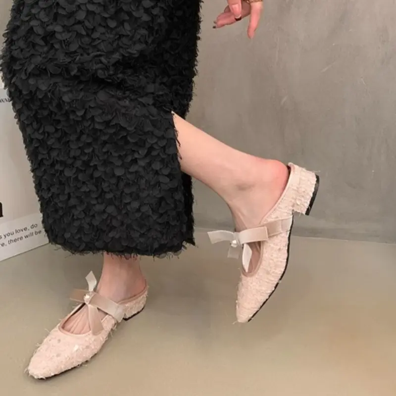 Fashion Baotou Slippers Spring New Square Head Shallow Mouth Glitter Cloth Butterfly Knot Soft Sole Non-slip Low Heel Shoes