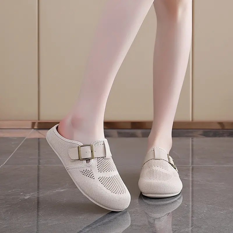 Round Head Flat Sandals Summer New Bao Head Deep Mouth Mesh Cloth Breathable Metal Buckle Soft Sole Non-slip Slippers