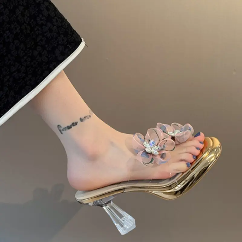 Crystal Stiletto Sandals New Summer Round Head Open Toe Sequin Flower Transparent Strap Platform Non-slip Heels