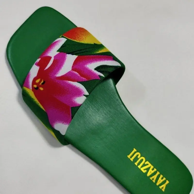 Summer New Flat Sandals Women's Fashion Square Head Open Toe Print Soft Sole Non-slip Wear-resistant Comfortable Slippers