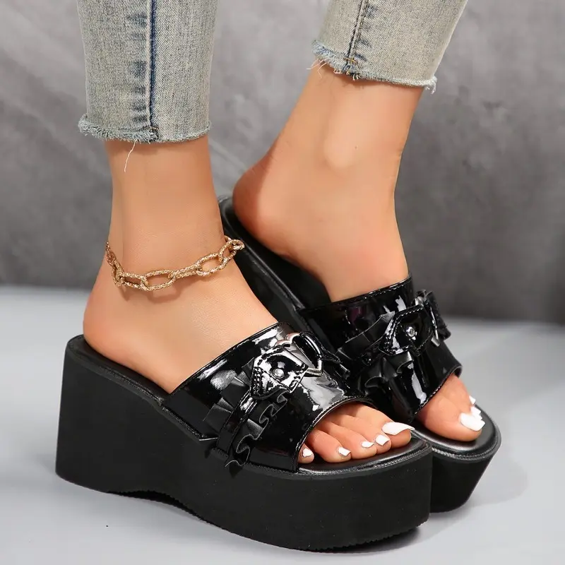Summer new slope heel sandals women's fashion round head open toe metal buckle a slip-on waterproof platform high heels