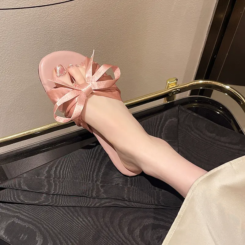 Women's Fashion Flat Slippers Summer New Round Head Open Toe Fabric Butterfly Knot Anti-slip Wear-resistant Sandals