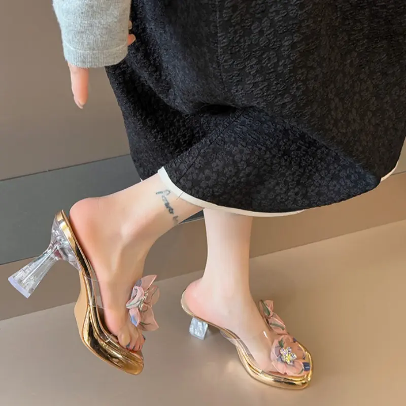 Crystal Stiletto Sandals New Summer Round Head Open Toe Sequin Flower Transparent Strap Platform Non-slip Heels