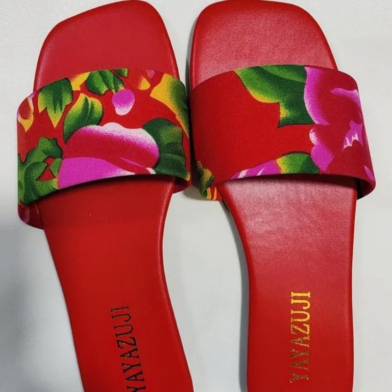 Summer New Flat Sandals Women's Fashion Square Head Open Toe Print Soft Sole Non-slip Wear-resistant Comfortable Slippers