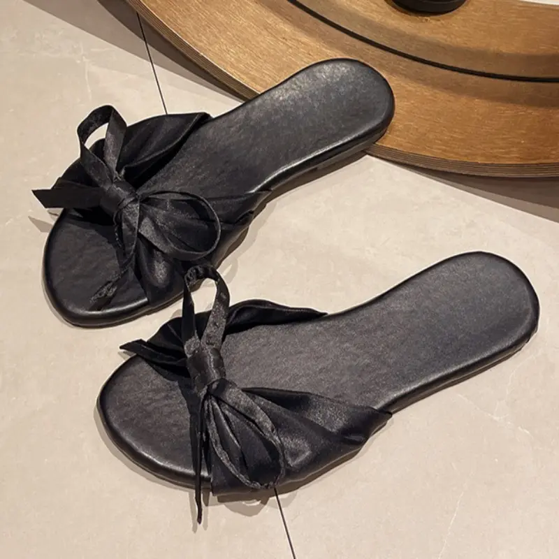 Women's Fashion Flat Slippers Summer New Round Head Open Toe Fabric Butterfly Knot Anti-slip Wear-resistant Sandals